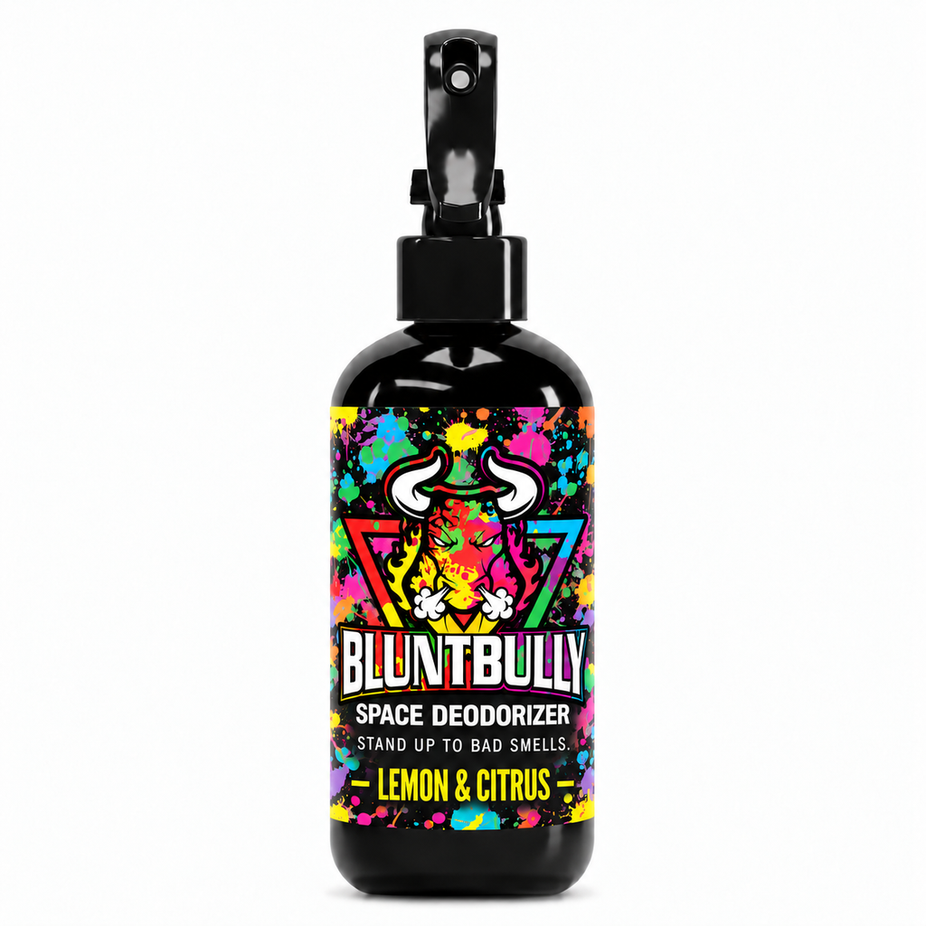 Blunt Bully Lemon & Citrus Space Deodorizer Spray, 8 oz black spray bottle with matching scent label on white background