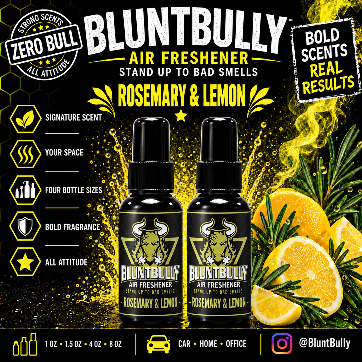 BluntBully Rosemary & Lemon air freshener illustrated scent card with individual scent label on the bottles
