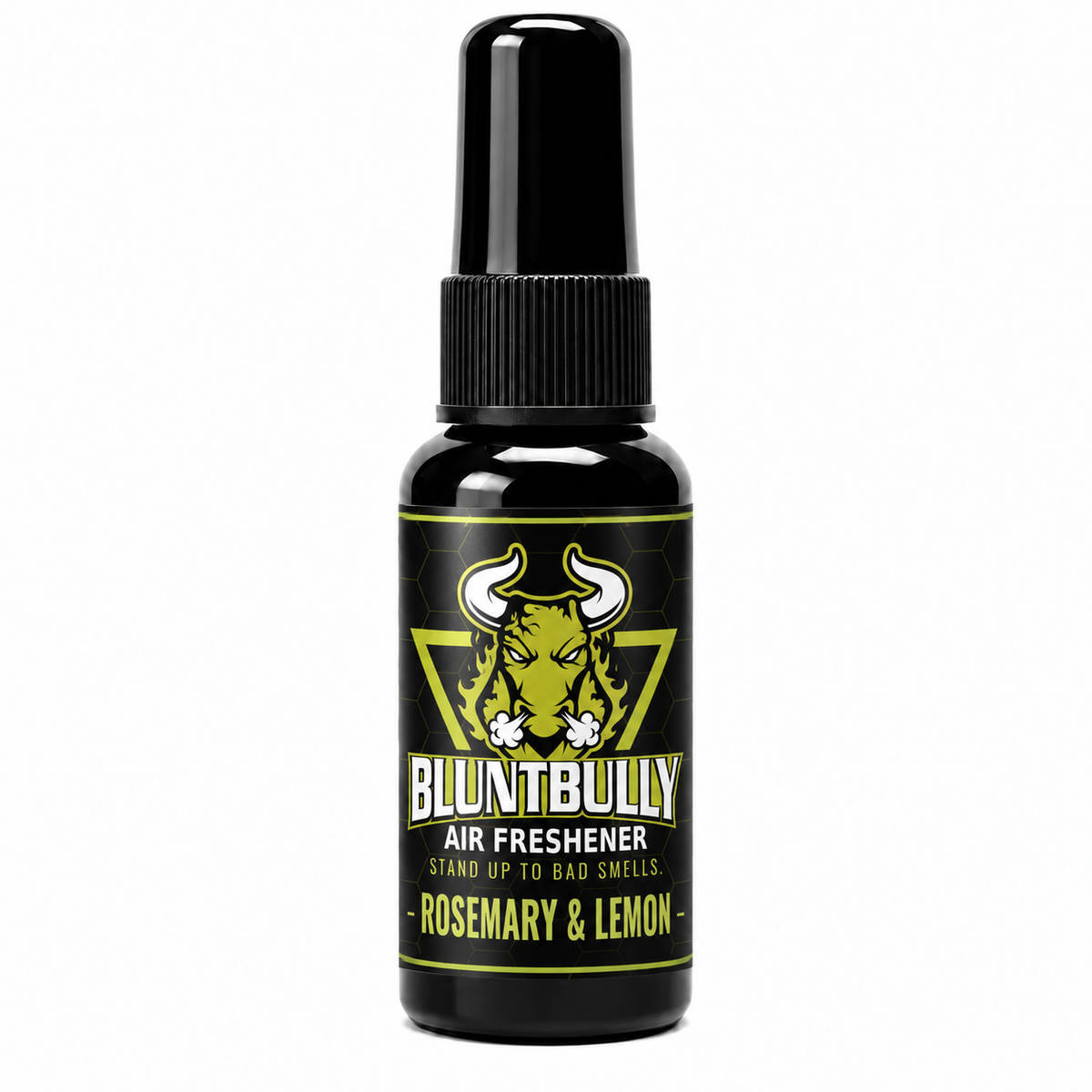 BluntBully Rosemary & Lemon air freshener 1 oz and 1.5 oz black spray bottle with individual scent label