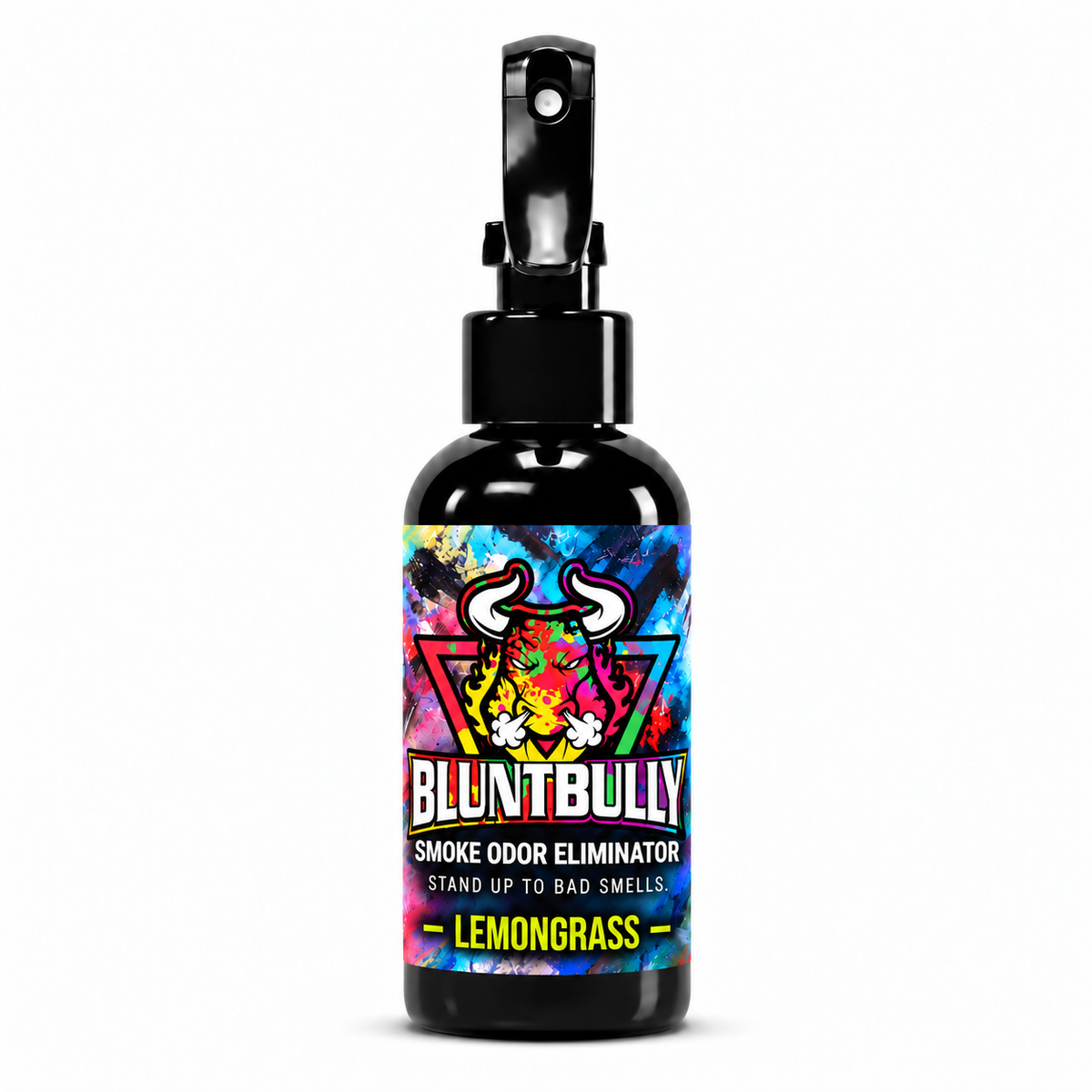 Blunt Bully Lemongrass Smoke Odor Eliminator Spray, 4 oz black spray bottle with matching scent label on white background