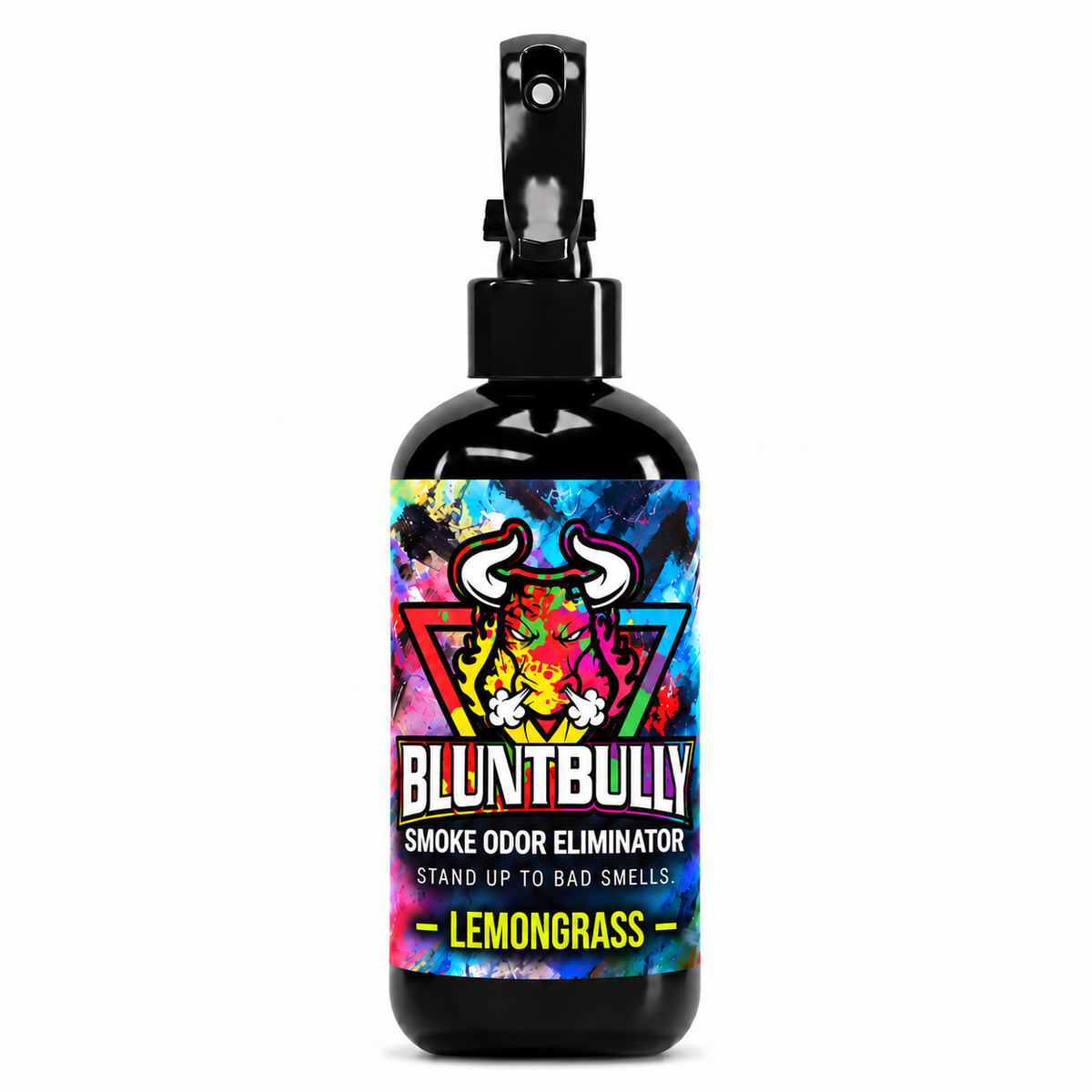 Blunt Bully Lemongrass Smoke Odor Eliminator Spray, 8 oz black spray bottle with matching scent label on white background