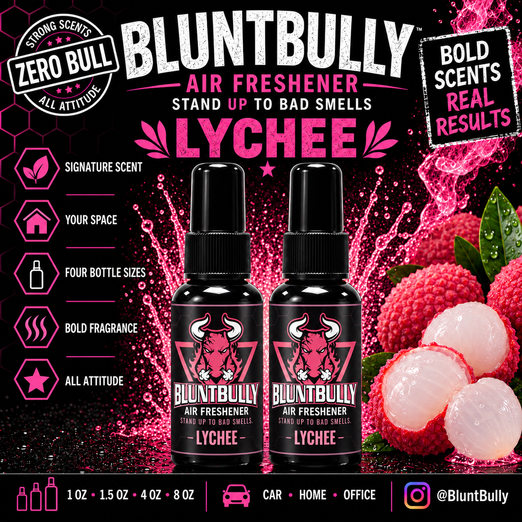 BluntBully Lychee air freshener illustrated scent card with individual scent label on the bottles