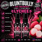 BluntBully Lychee air freshener illustrated scent card with individual scent label on the bottles