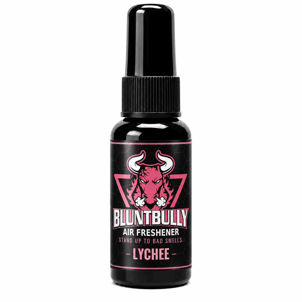 BluntBully Lychee air freshener 1 oz and 1.5 oz black spray bottle with individual scent label