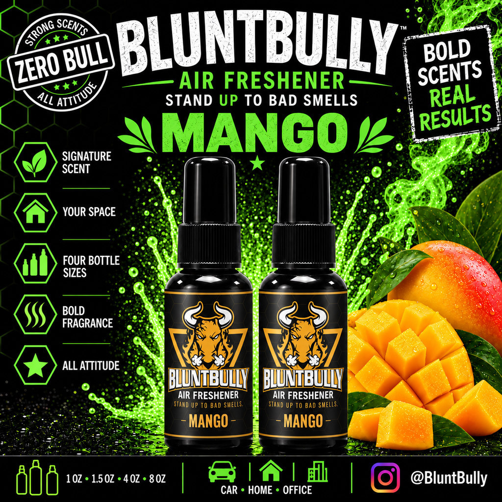 BluntBully Mango air freshener illustrated scent card with individual scent label on the bottles