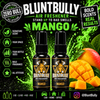 BluntBully Mango air freshener illustrated scent card with individual scent label on the bottles