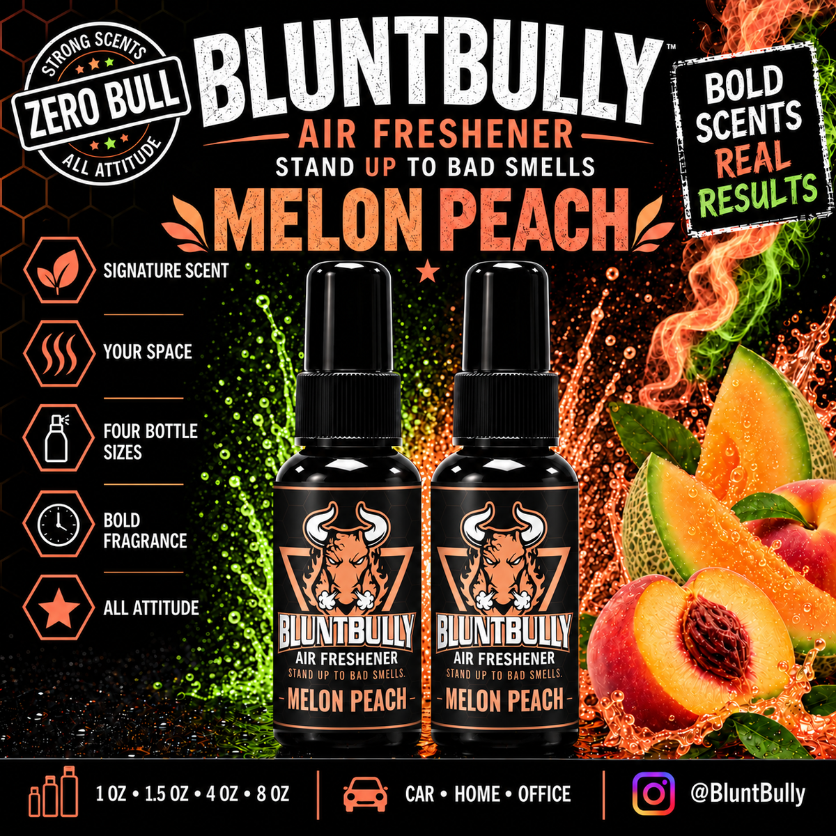 BluntBully Melon Peach air freshener illustrated scent card with individual scent label on the bottles