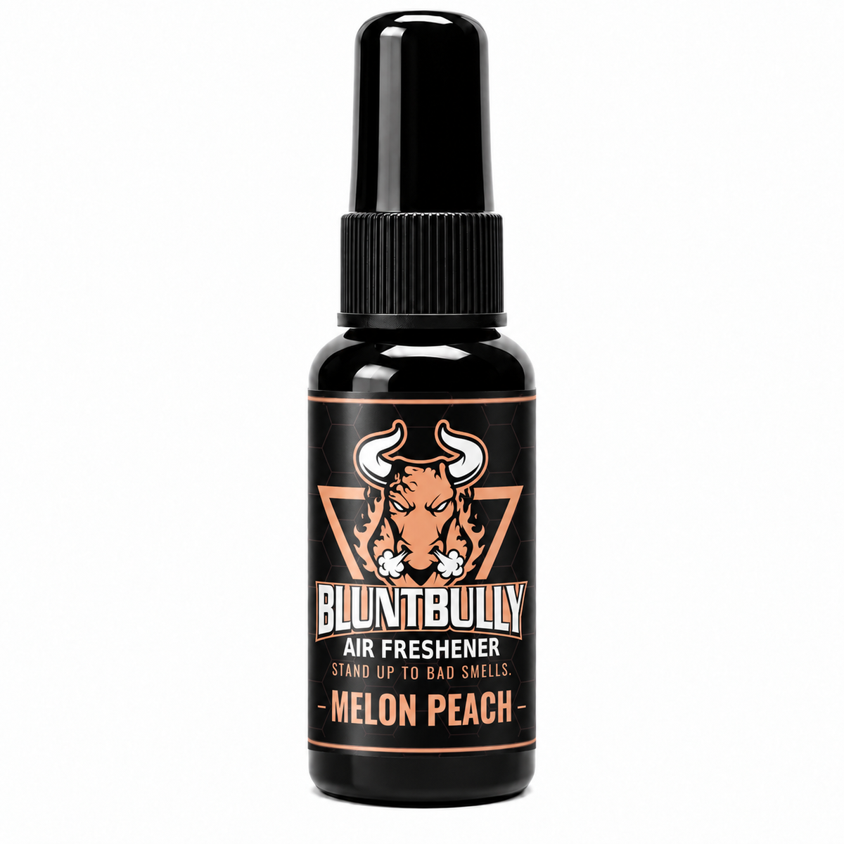 BluntBully Melon Peach air freshener 1 oz and 1.5 oz black spray bottle with individual scent label