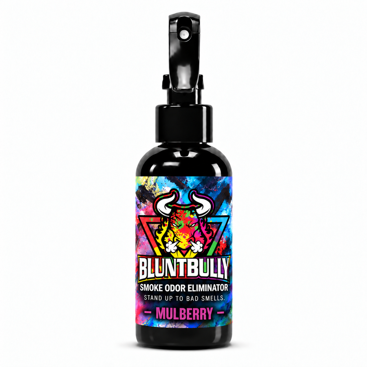Blunt Bully Mulberry Smoke Odor Eliminator Spray, 4 oz black spray bottle with matching scent label on white background
