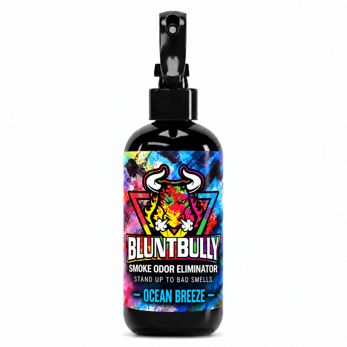 BluntBully OCEAN BREEZE SMOKE ODOR ELIMINATOR, 8 oz bottle, with colorful bull and premium label