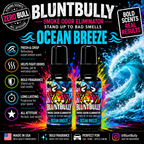BluntBully OCEAN BREEZE SMOKE ODOR ELIMINATOR scent card featuring updated colorful bull label bottles