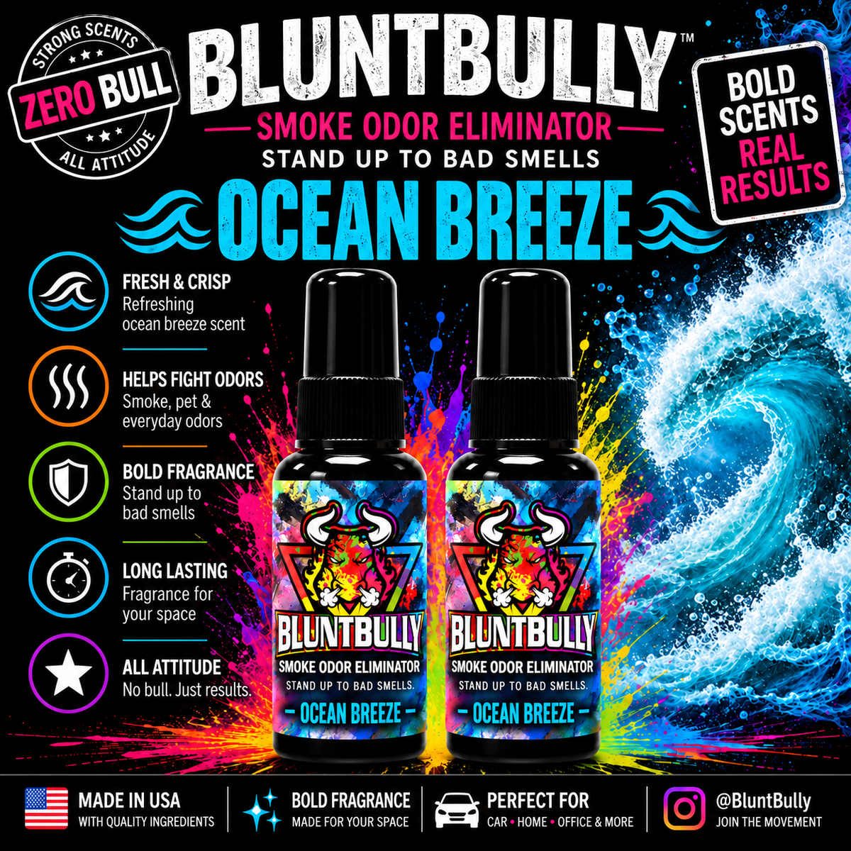 BluntBully OCEAN BREEZE SMOKE ODOR ELIMINATOR scent card featuring updated colorful bull label bottles