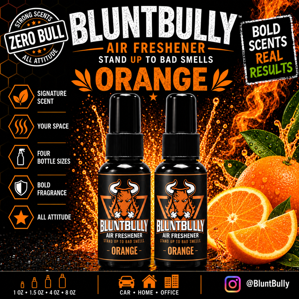 BluntBully Orange air freshener illustrated scent card with individual scent label on the bottles