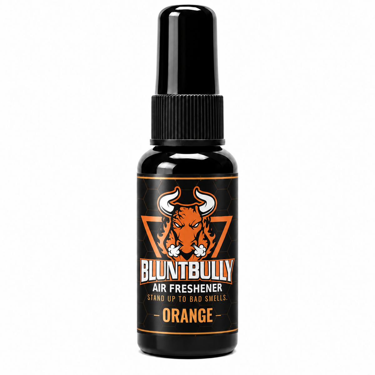 BluntBully Orange air freshener 1 oz and 1.5 oz black spray bottle with individual scent label