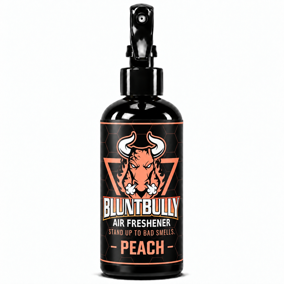 Blunt Bully Peach Air Freshener Spray, 8 oz black trigger spray bottle with matching scent label