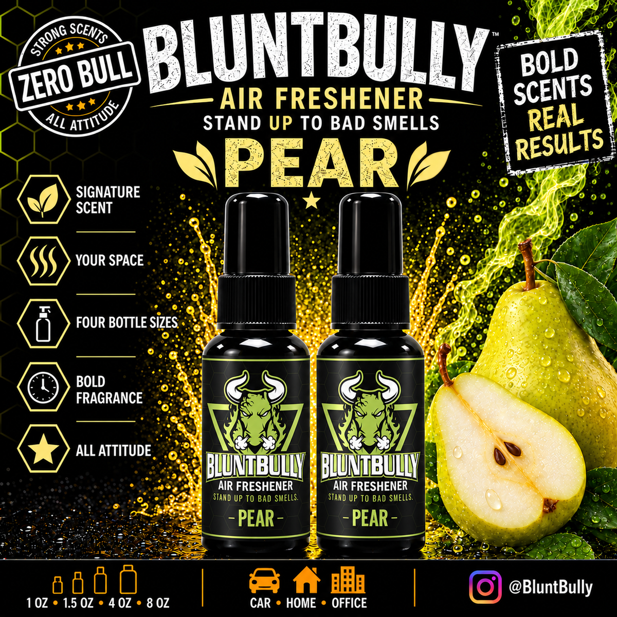 BluntBully Pear air freshener illustrated scent card with individual scent label on the bottles