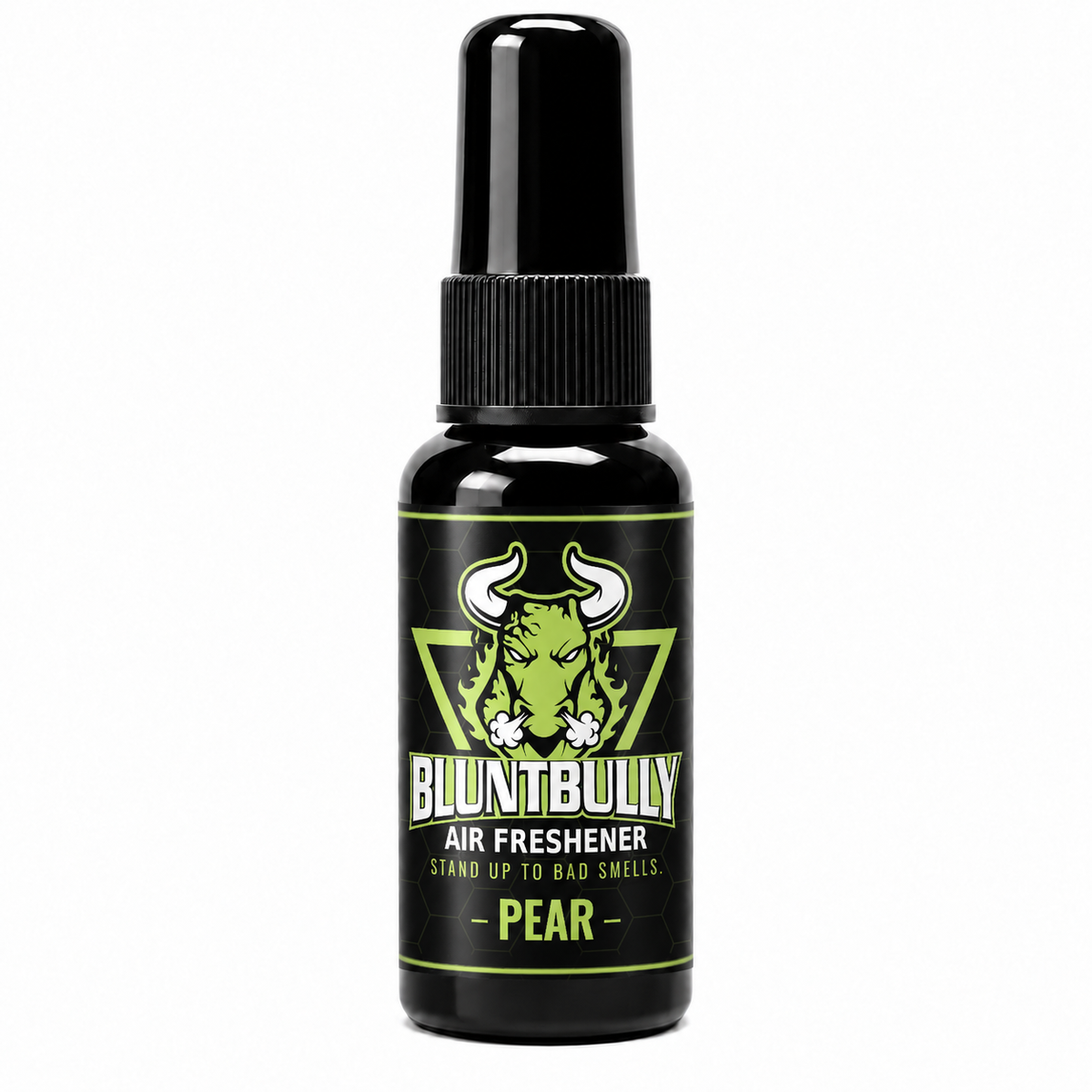 BluntBully Pear air freshener 1 oz and 1.5 oz black spray bottle with individual scent label