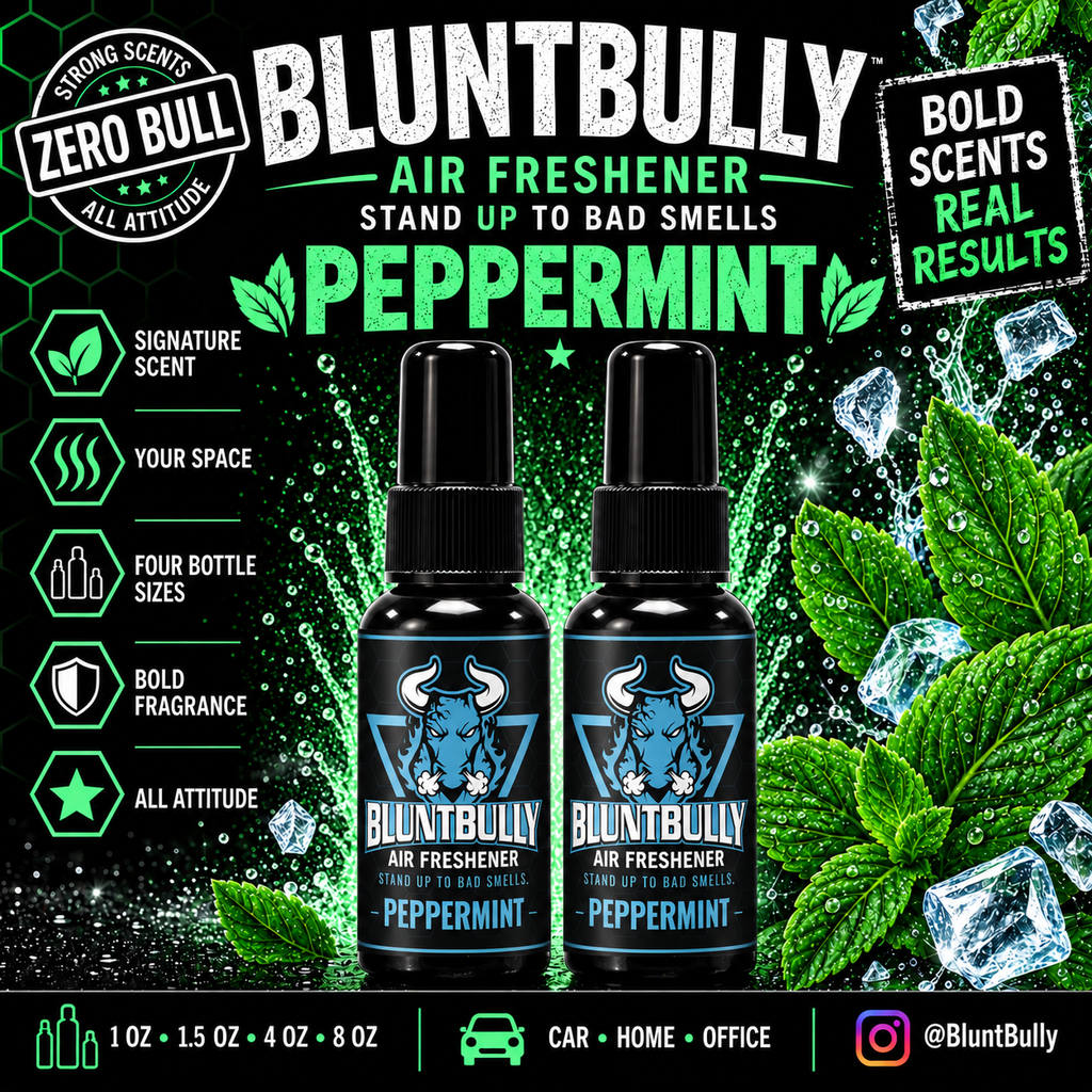 BluntBully Peppermint air freshener illustrated scent card with individual scent label on the bottles