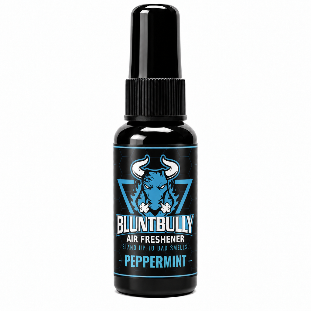 BluntBully Peppermint air freshener 1 oz and 1.5 oz black spray bottle with individual scent label