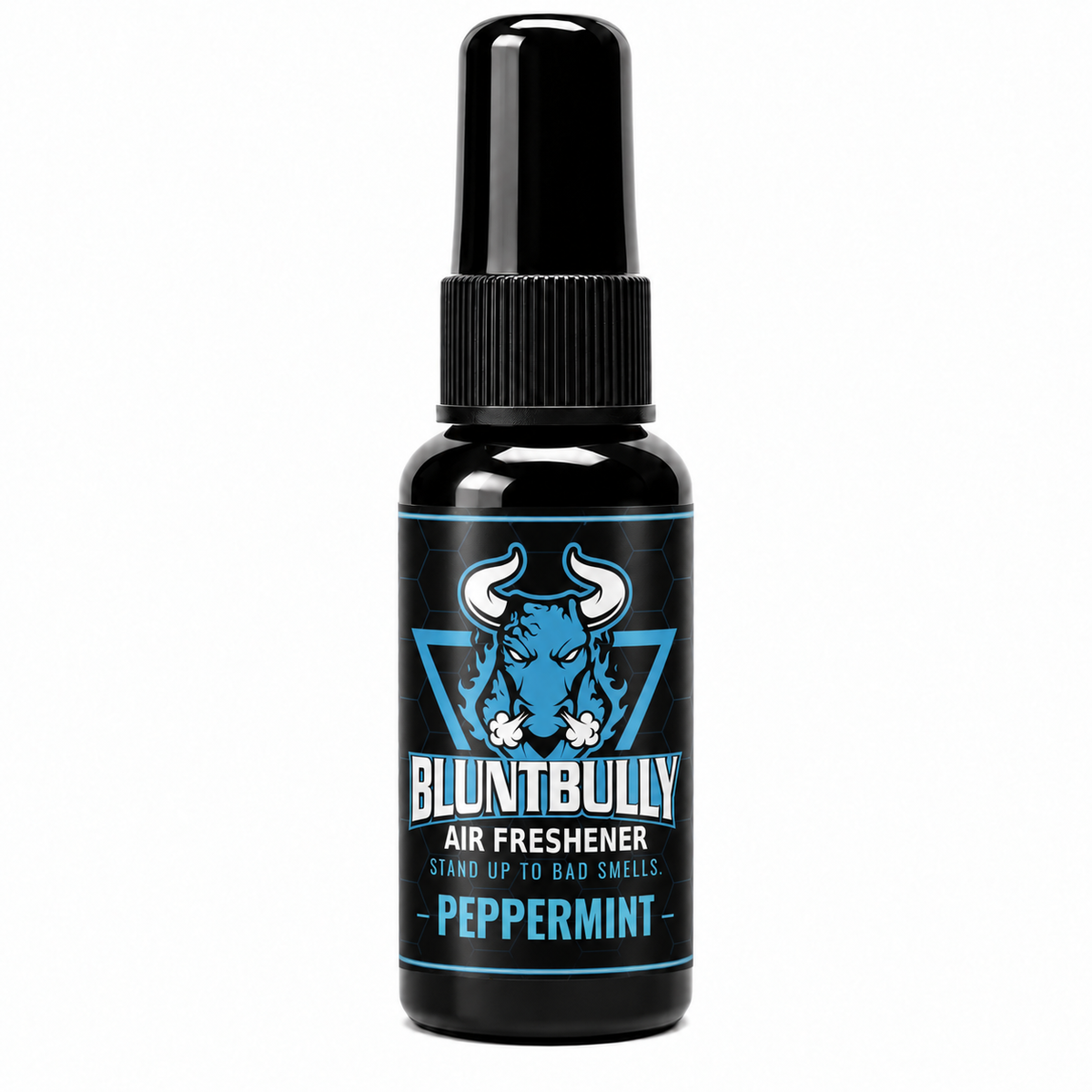 BluntBully Peppermint air freshener 1 oz and 1.5 oz black spray bottle with individual scent label