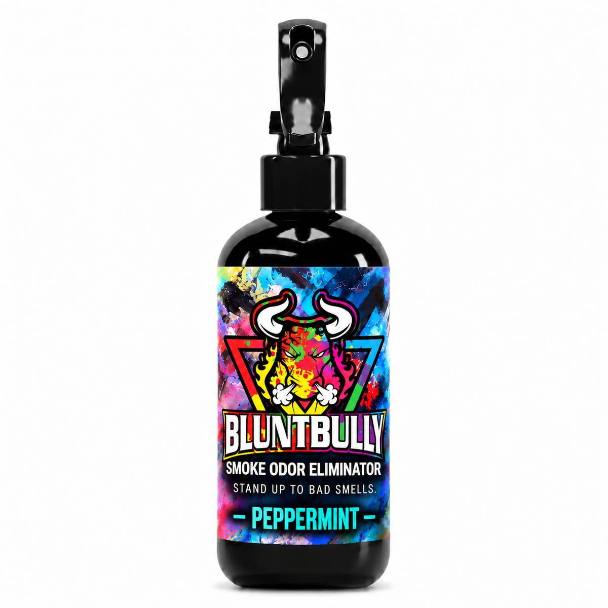 Blunt Bully Peppermint Smoke Odor Eliminator Spray, 8 oz black spray bottle with matching scent label on white background