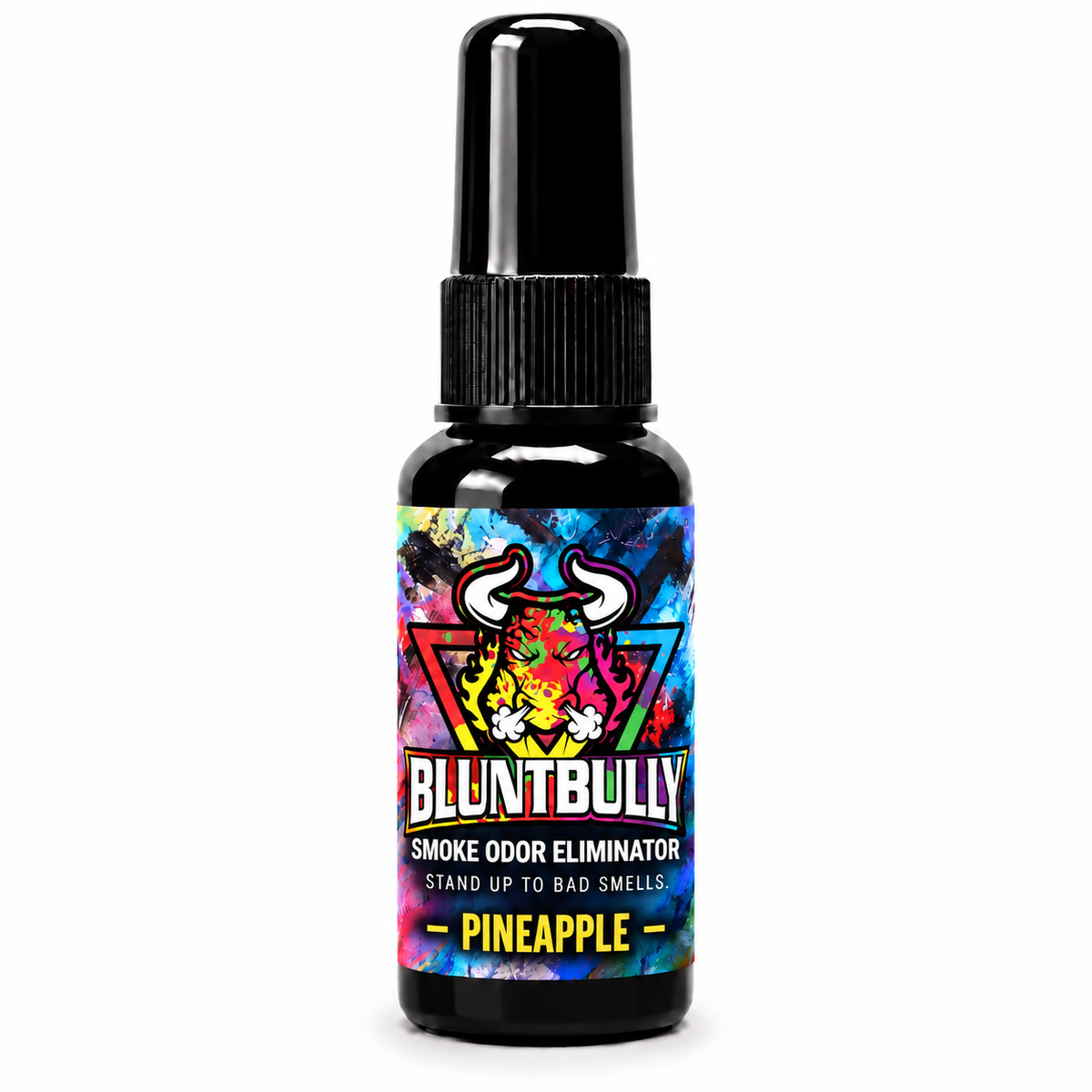 BluntBully PINEAPPLE SMOKE ODOR ELIMINATOR, 1 oz and 1.5 oz bottle, with colorful bull and premium label