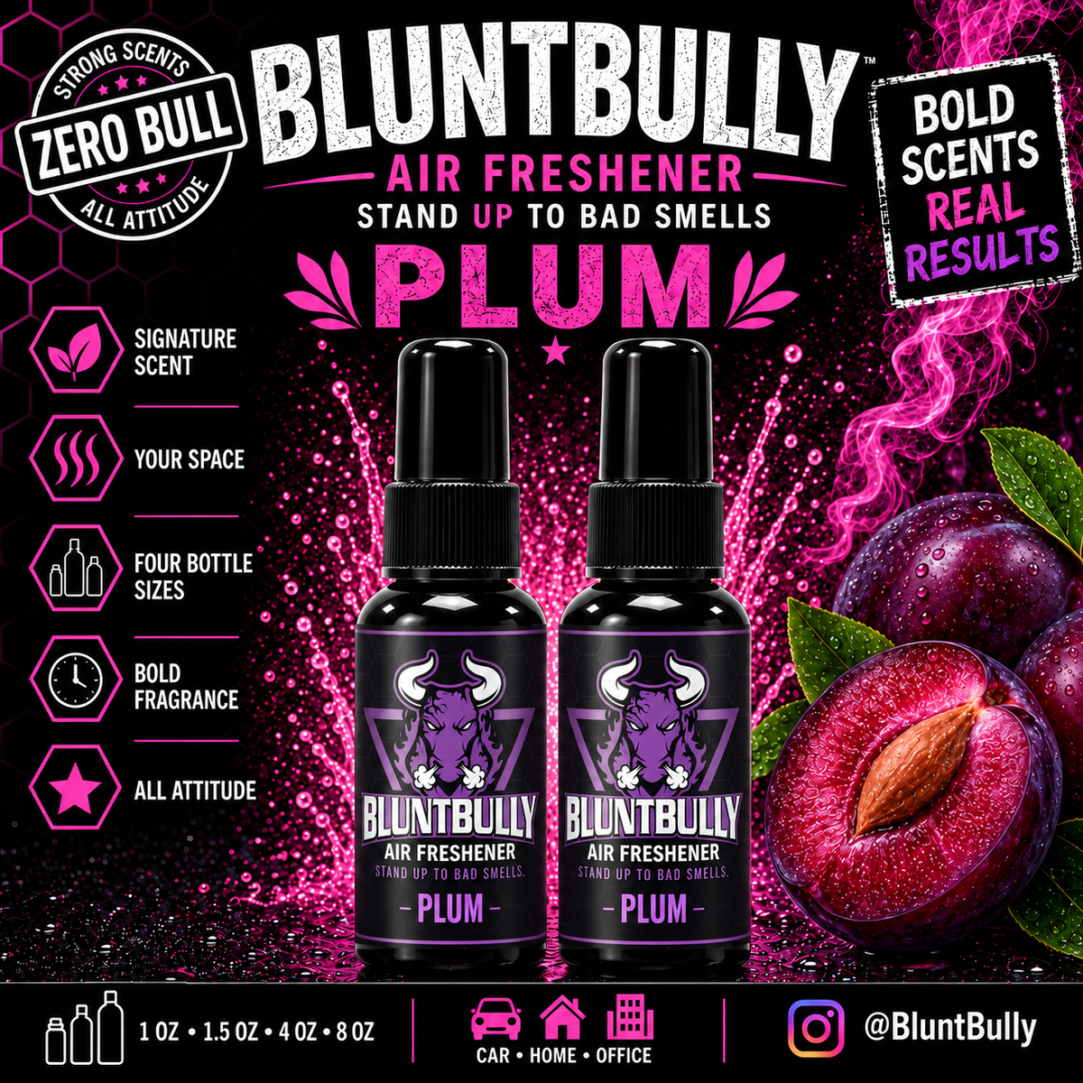 BluntBully Plum air freshener illustrated scent card with individual scent label on the bottles