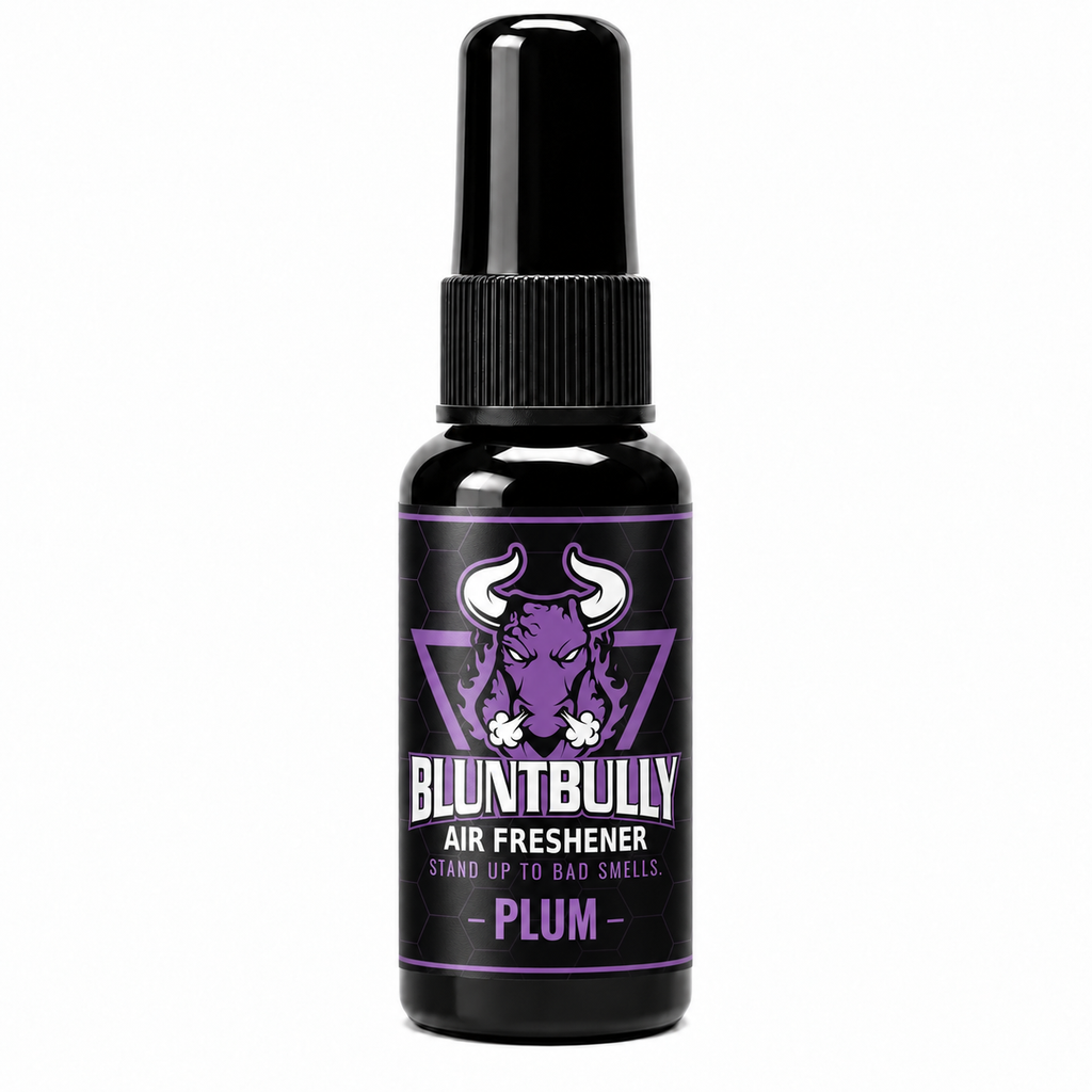 BluntBully Plum air freshener 1 oz and 1.5 oz black spray bottle with individual scent label