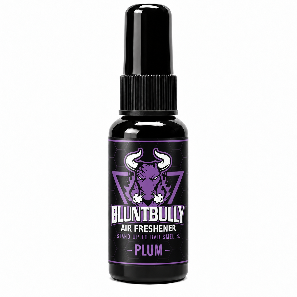 BluntBully Plum air freshener 1 oz and 1.5 oz black spray bottle with individual scent label