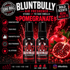 BluntBully Pomegranate air freshener illustrated scent card with individual scent label on the bottles