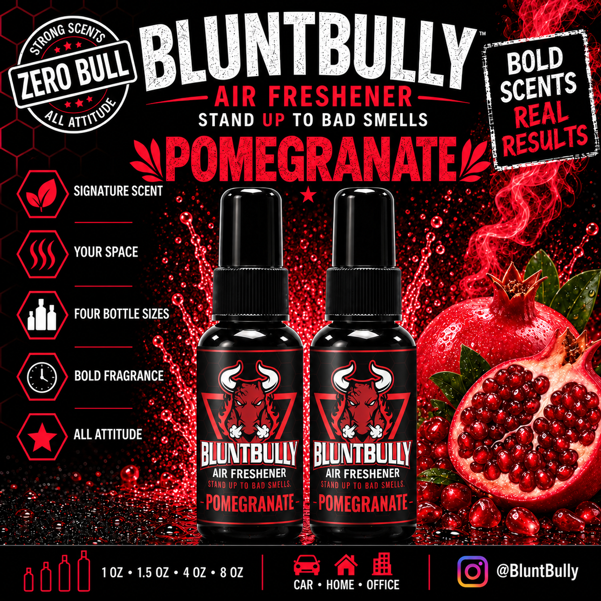 BluntBully Pomegranate air freshener illustrated scent card with individual scent label on the bottles