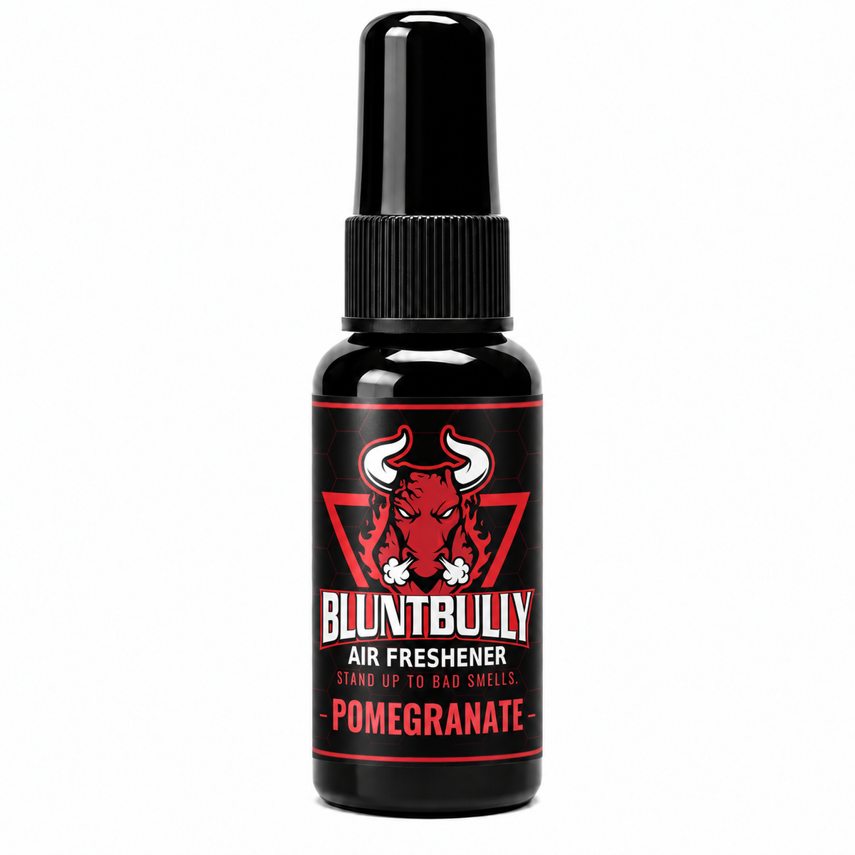 BluntBully Pomegranate air freshener 1 oz and 1.5 oz black spray bottle with individual scent label