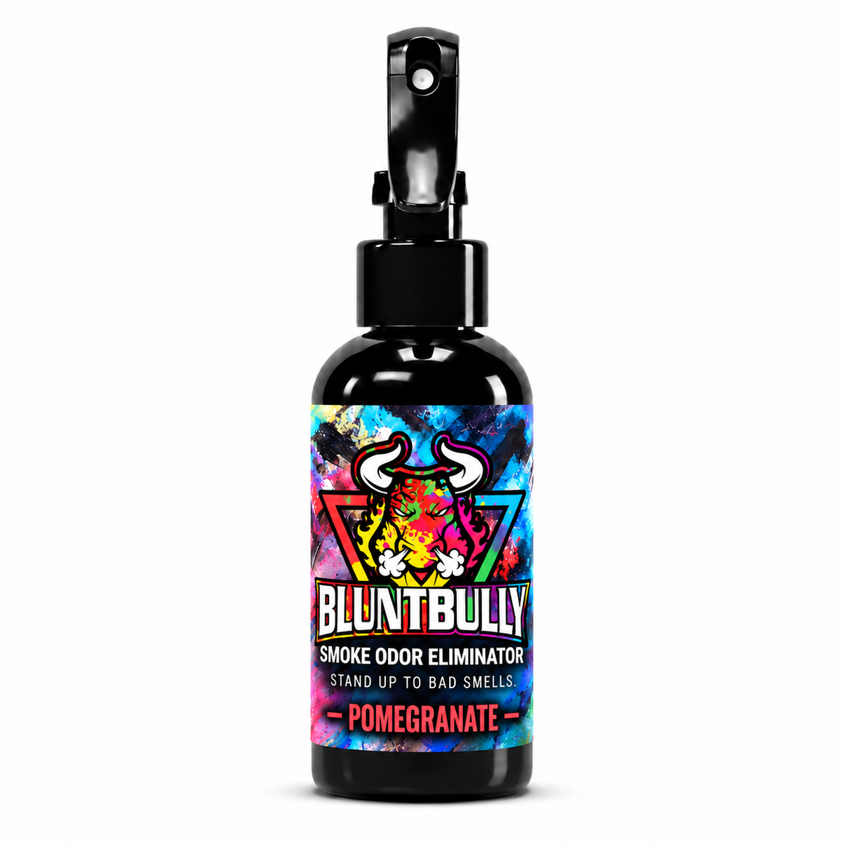 Blunt Bully Pomegranate Smoke Odor Eliminator Spray, 4 oz black spray bottle with matching scent label on white background