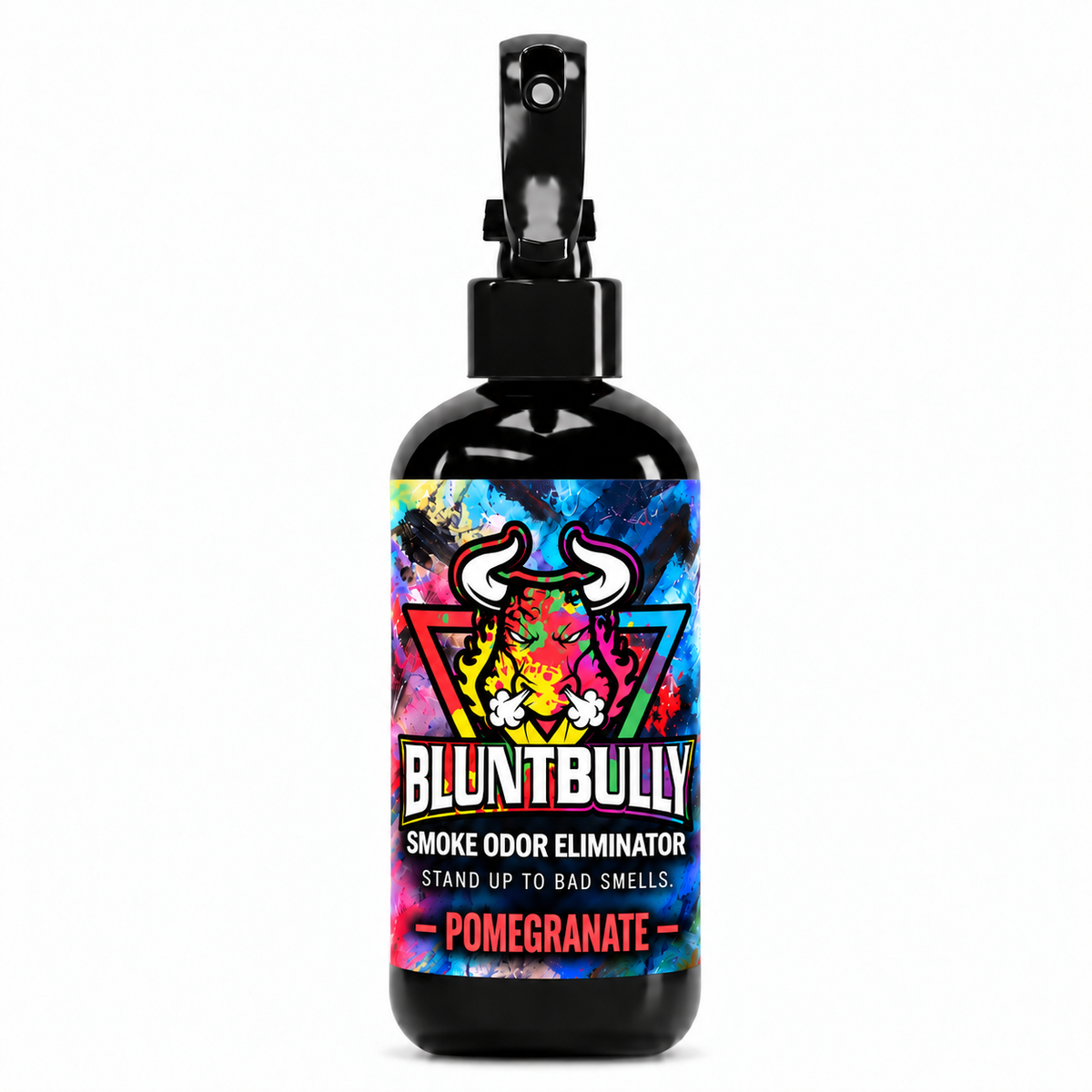 Blunt Bully Pomegranate Smoke Odor Eliminator Spray, 8 oz black spray bottle with matching scent label on white background