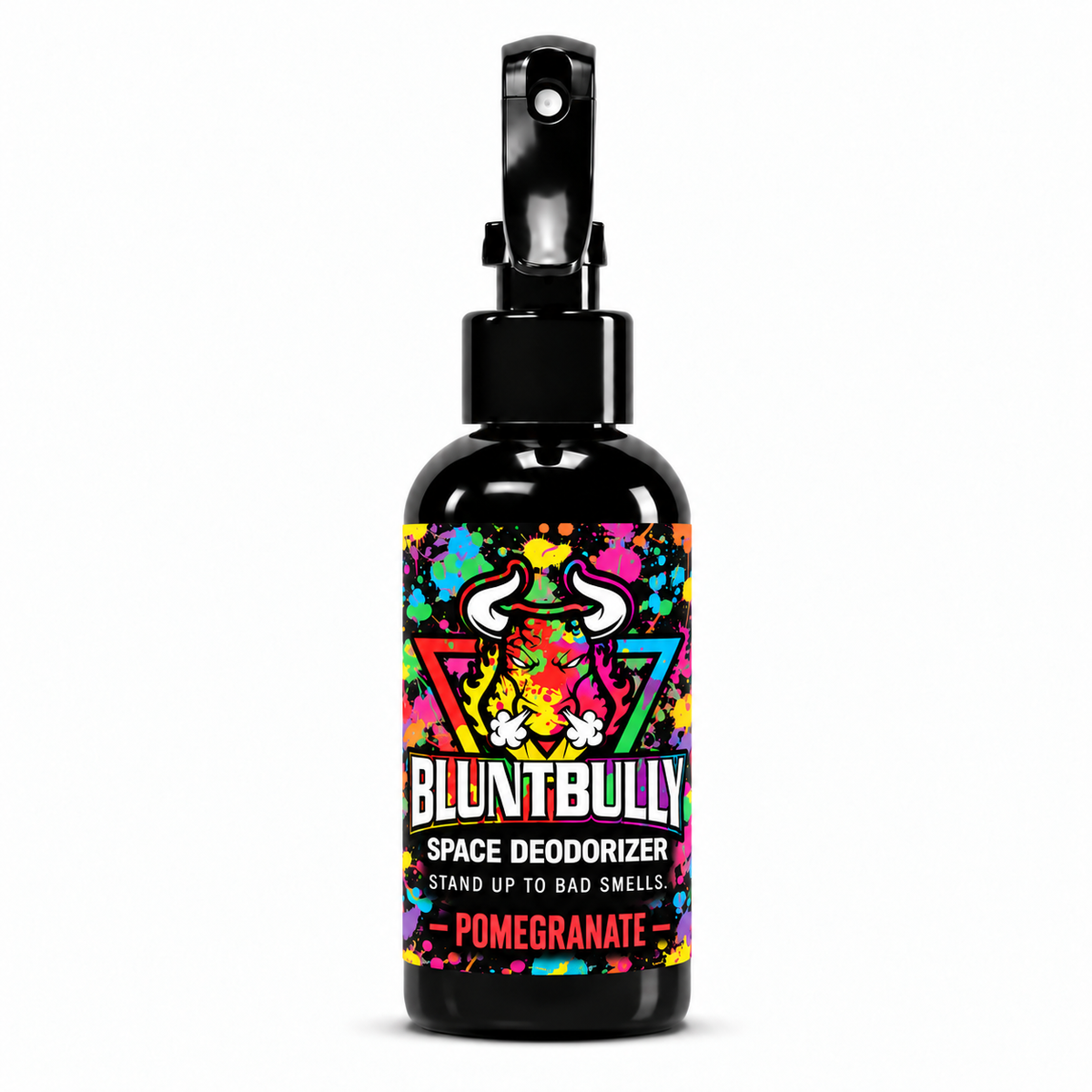 Blunt Bully Pomegranate Space Deodorizer Spray, 4 oz black spray bottle with matching scent label on white background