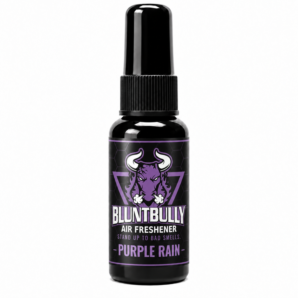 BluntBully Purple Rain air freshener 1 oz and 1.5 oz black spray bottle with individual scent label