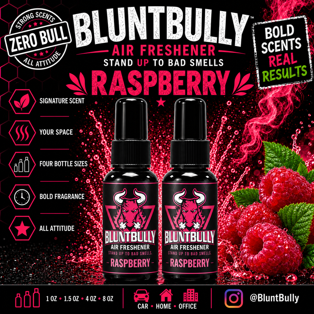BluntBully Raspberry air freshener illustrated scent card with individual scent label on the bottles