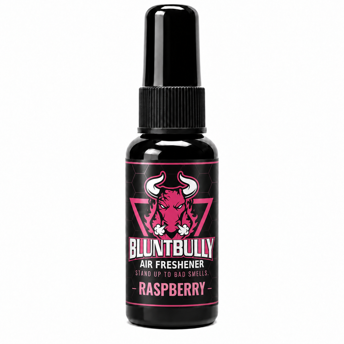 BluntBully Raspberry air freshener 1 oz and 1.5 oz black spray bottle with individual scent label