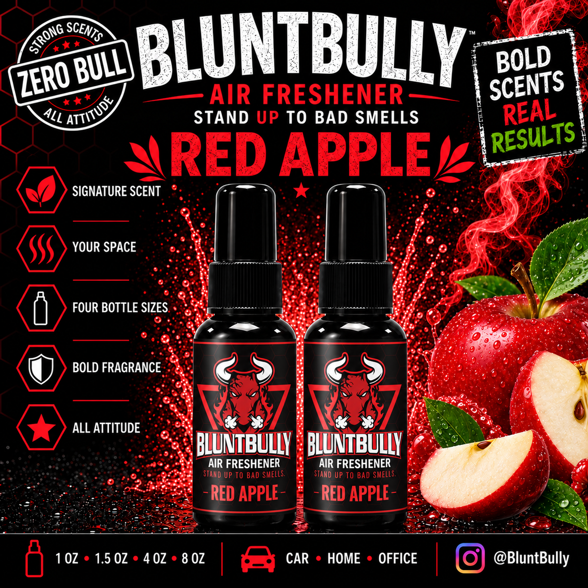 BluntBully Red Apple air freshener illustrated scent card with individual scent label on the bottles