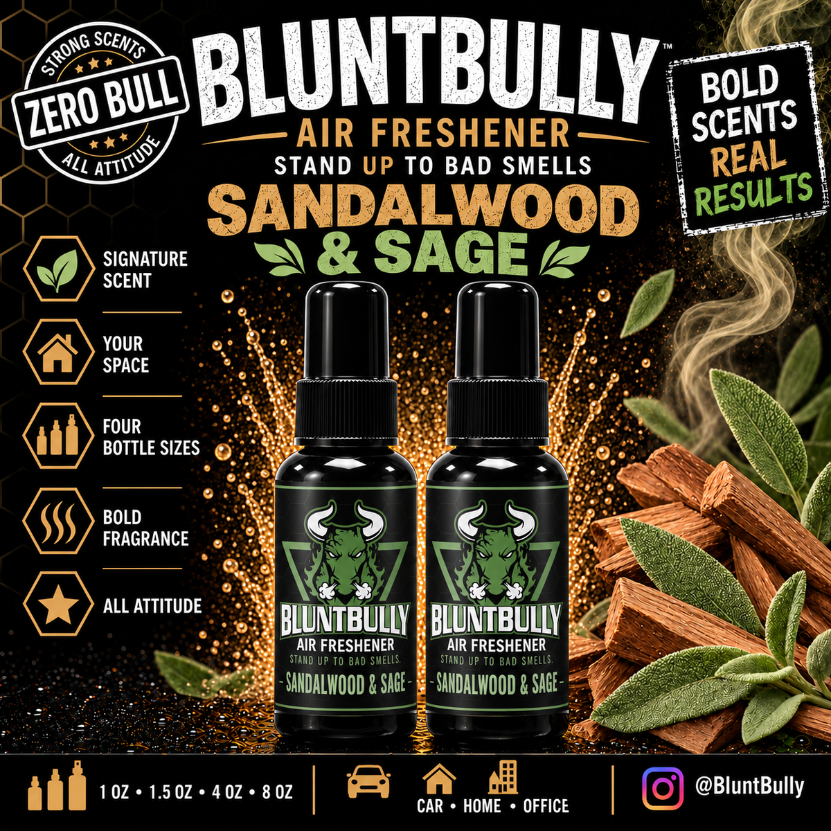 BluntBully Sandalwood & Sage air freshener illustrated scent card with individual scent label on the bottles