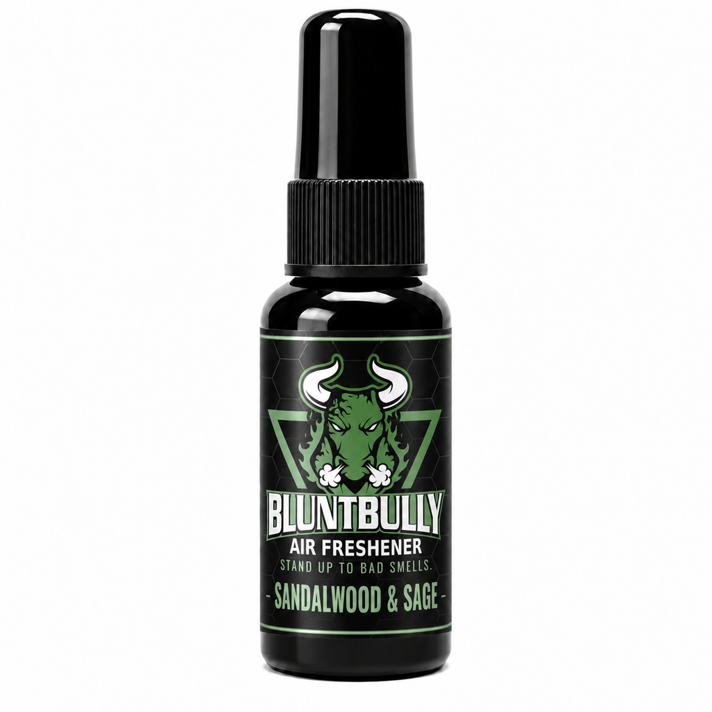 BluntBully Sandalwood & Sage air freshener 1 oz and 1.5 oz black spray bottle with individual scent label