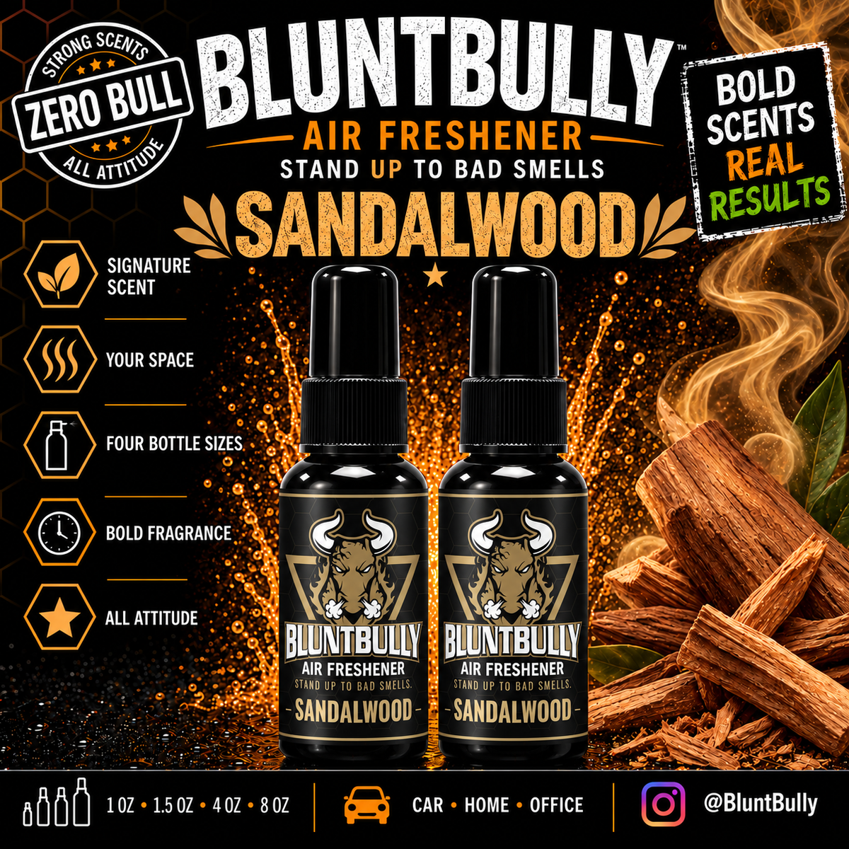 BluntBully Sandalwood air freshener illustrated scent card with individual scent label on the bottles