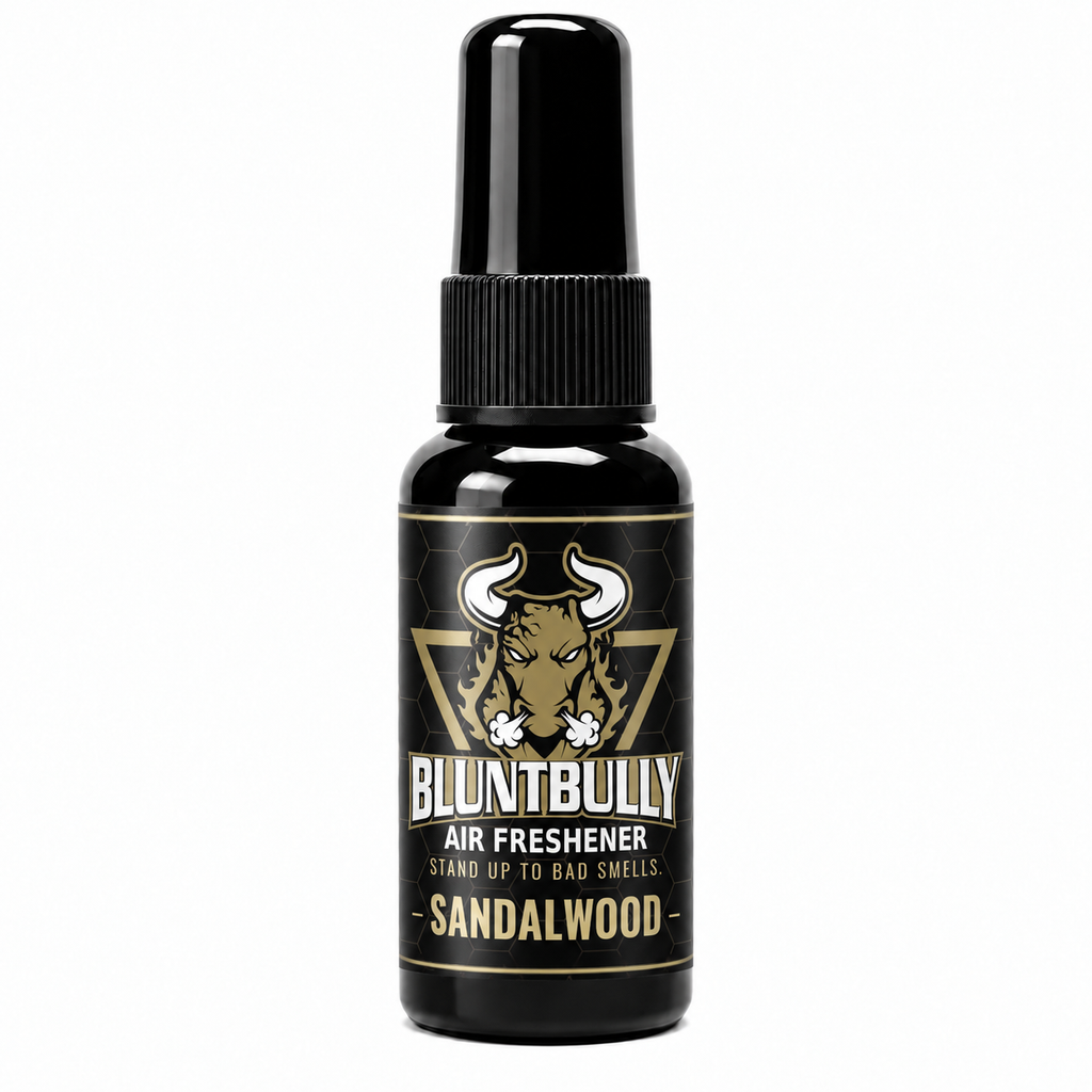 BluntBully Sandalwood air freshener 1 oz and 1.5 oz black spray bottle with individual scent label