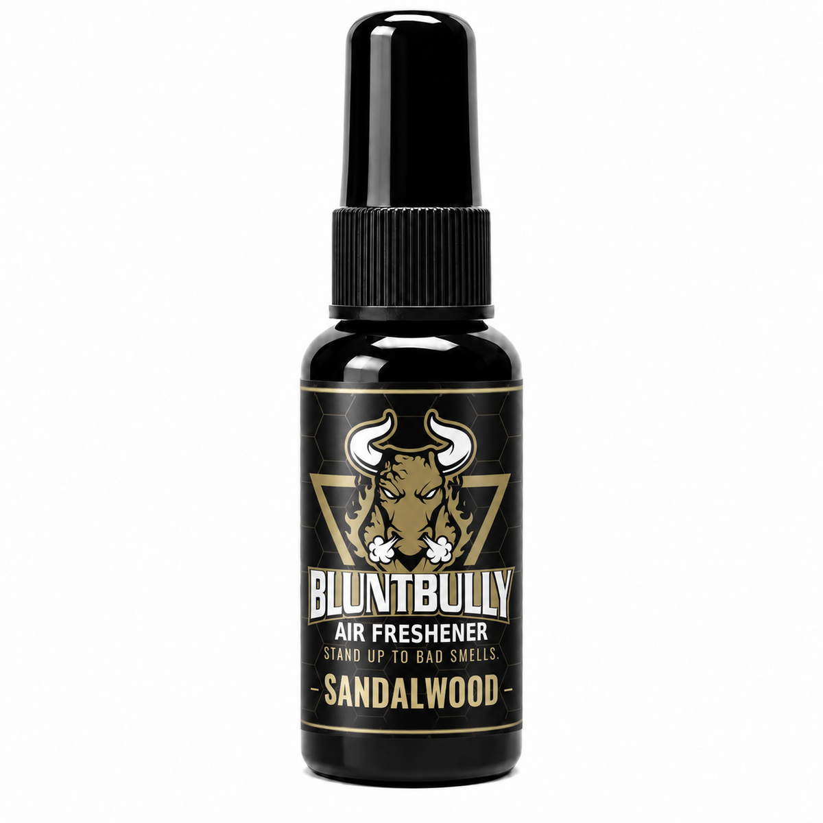 BluntBully Sandalwood air freshener 1 oz and 1.5 oz black spray bottle with individual scent label