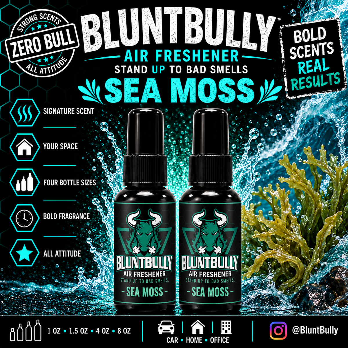 BluntBully Sea Moss air freshener illustrated scent card with individual scent label on the bottles