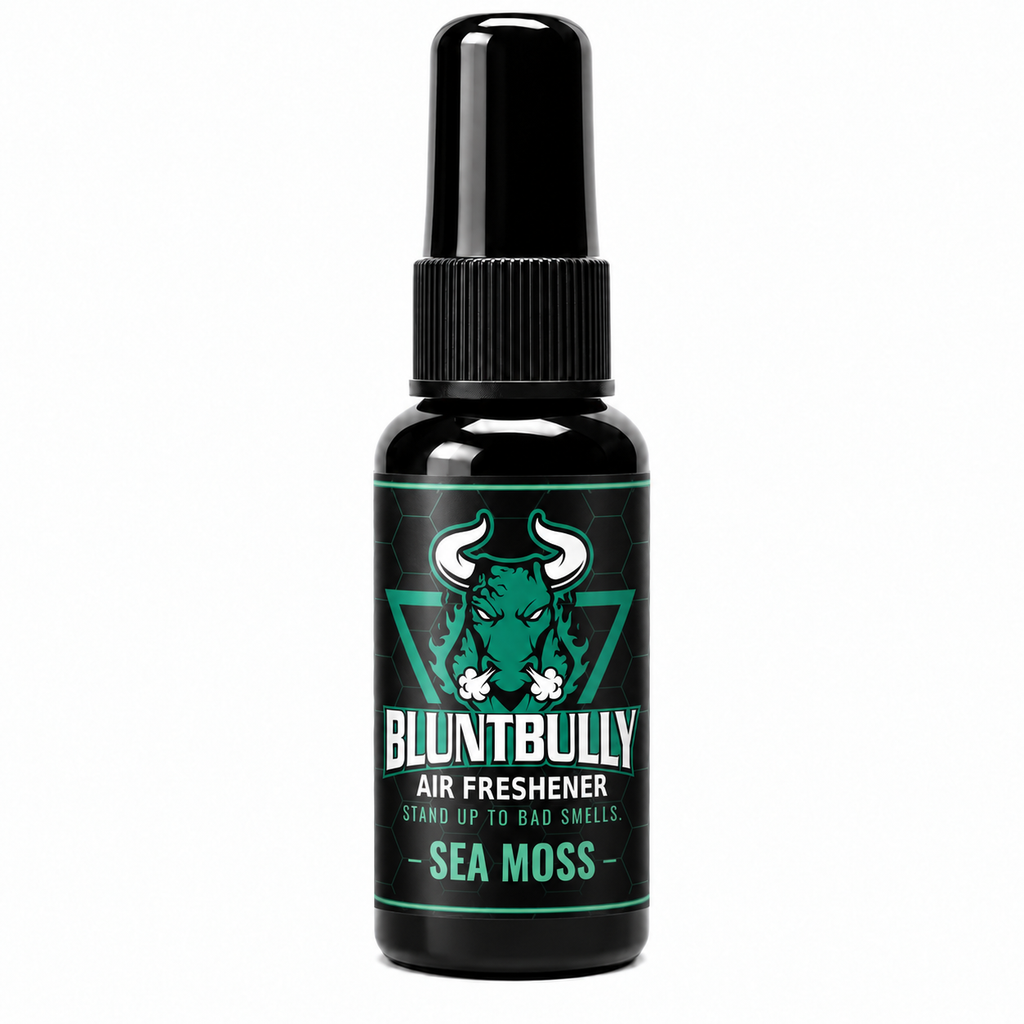 BluntBully Sea Moss air freshener 1 oz and 1.5 oz black spray bottle with individual scent label