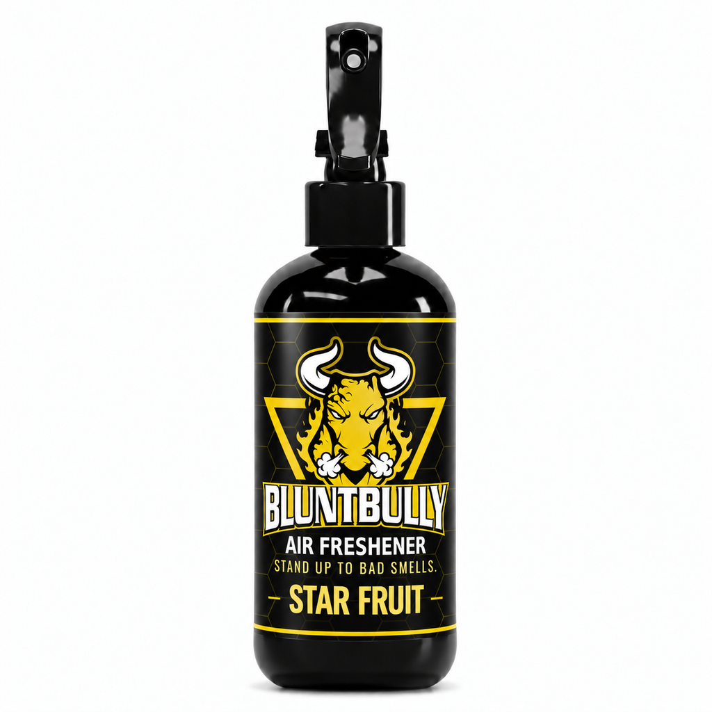 Blunt Bully Star Fruit Air Freshener Spray, 8 oz black spray bottle with matching scent label on white background