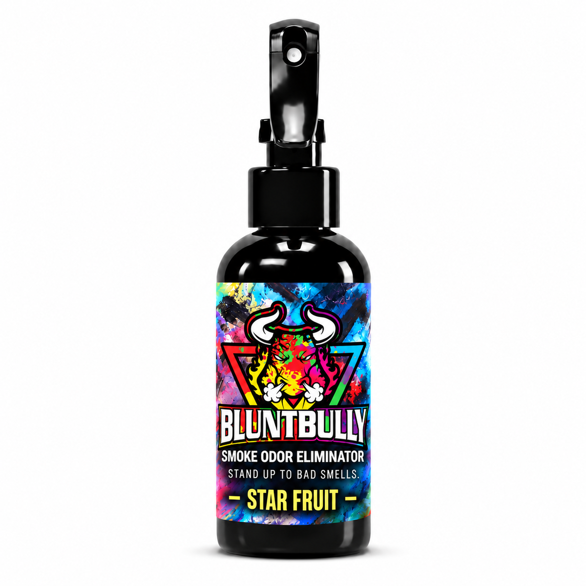 Blunt Bully Star Fruit Smoke Odor Eliminator Spray, 4 oz black spray bottle with matching scent label on white background