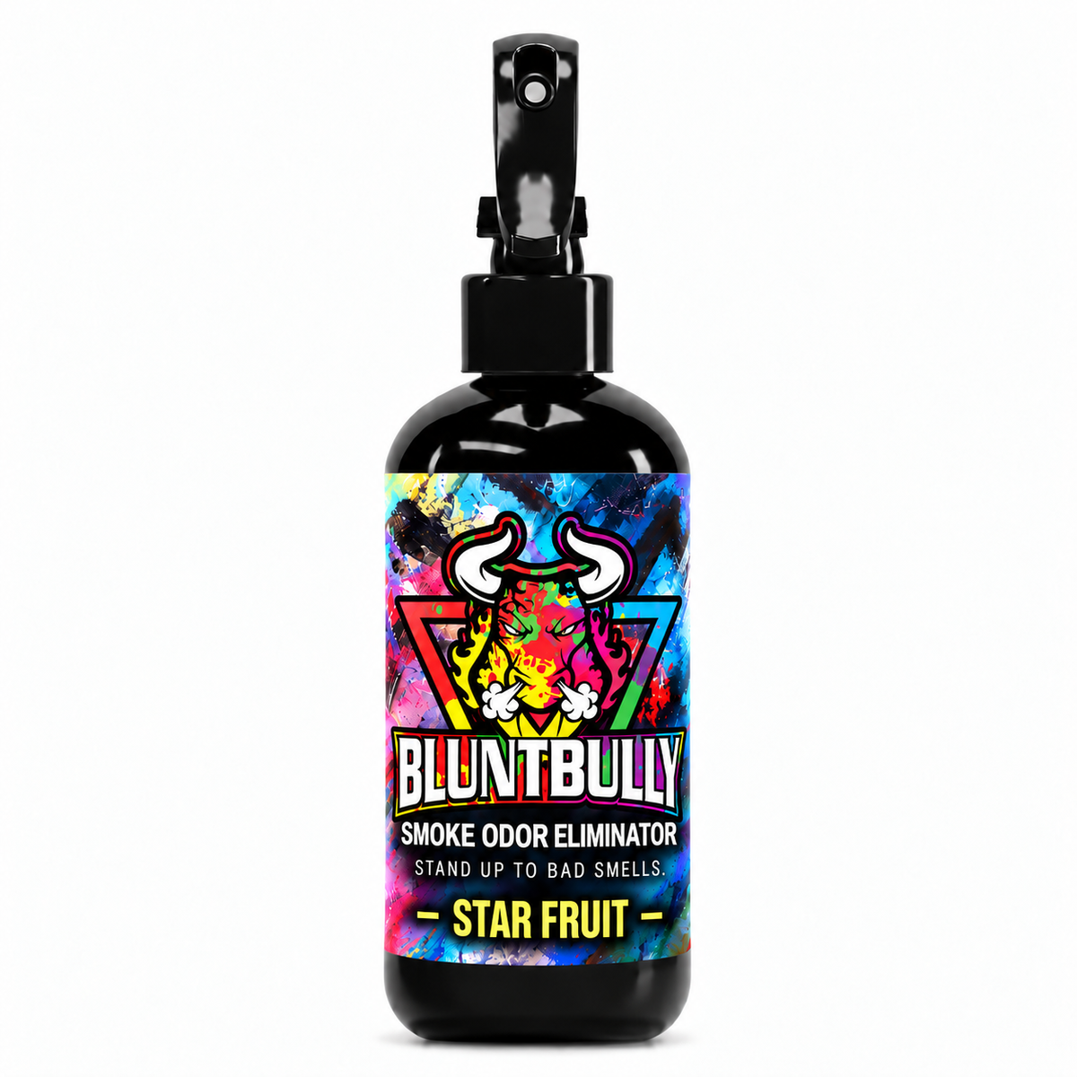 Blunt Bully Star Fruit Smoke Odor Eliminator Spray, 8 oz black spray bottle with matching scent label on white background