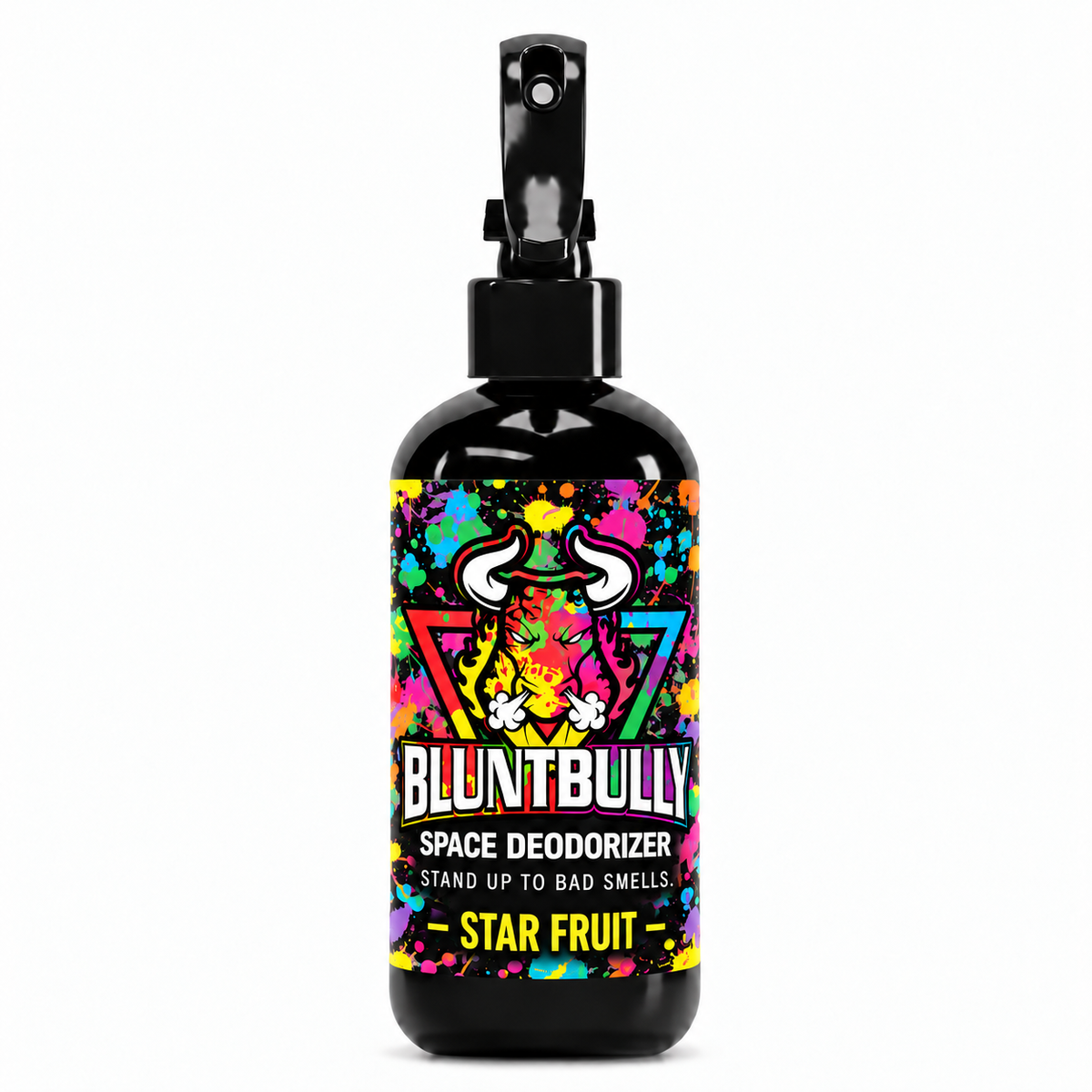 Blunt Bully Star Fruit Space Deodorizer Spray, 8 oz black spray bottle with matching scent label on white background